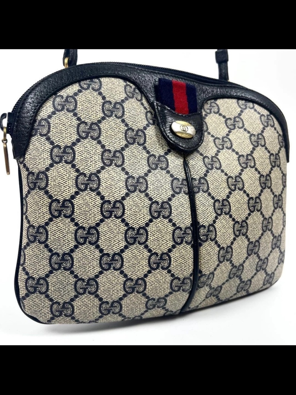 Gucci Beige GG Canvas Shoulder Bag with Blue/Red Web Detail